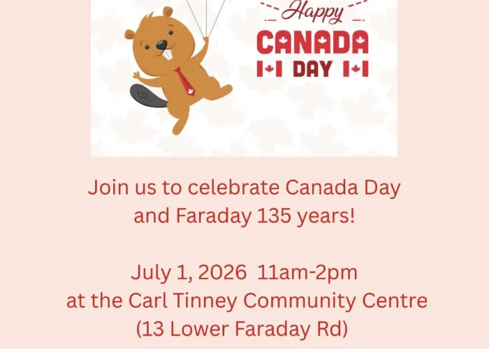 Cartoon beaver holding three red balloons with maple leaves on them. Event details