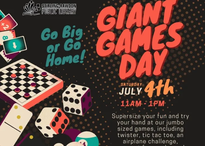 Cartoon images of uno cards, die, checkers board, pool balls, domino, black background, event details