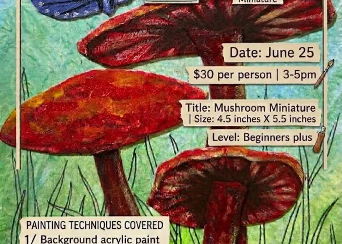 Painting of blue butterfly, three mushrooms and grass, event details