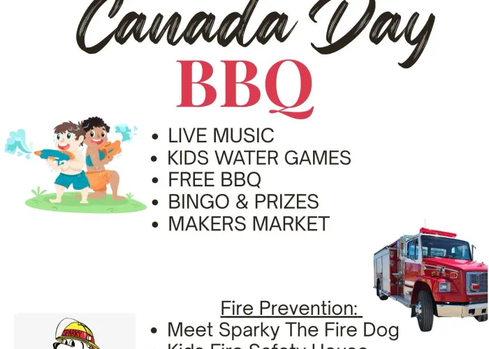 Event details, sparky the fire dog, firetruck, cartoon children with waterguns, maple leaves on banner